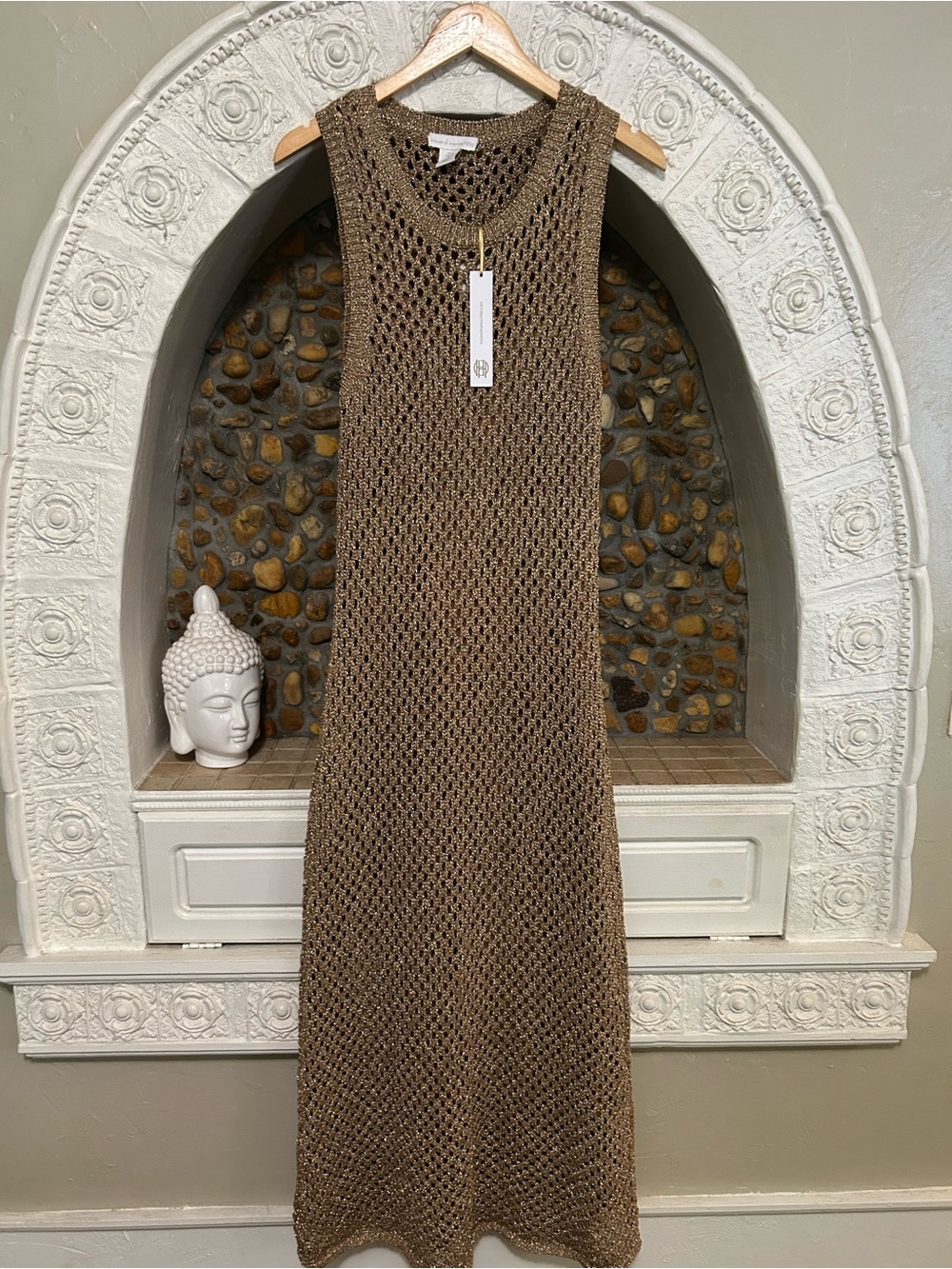 House of Harlow 1960 Gold Metallic Crochet Knit Dress - L